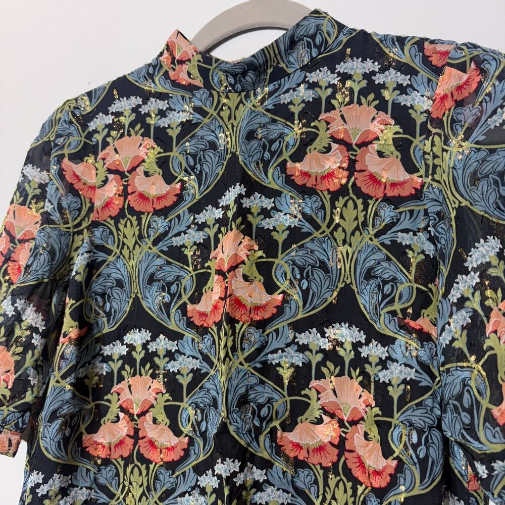 Anthropologie Meadow Rue Basilique Top Floral Metallic Mock Neck Blouse Size 0 - Picture 4 of 14